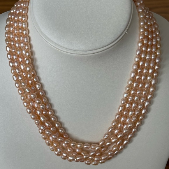 Cultured Peach Pearl Torsade Necklace - 925 Sterling Silver Clasp